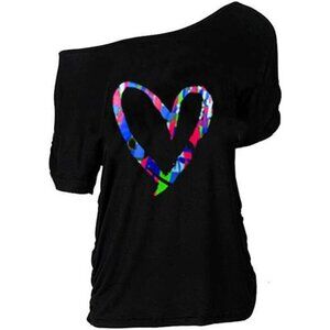 Plus Size Lips Print Off Shoulder T Shirt Top Casual Loose Pullover Tee